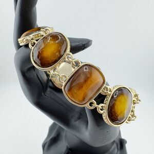 Vintage LC Marked Gold Tone Faux Tiger's Eye Oval Cabochon Link Bracelet Chunky